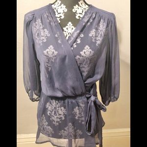 Express sheer purple blue V-neck wrap top